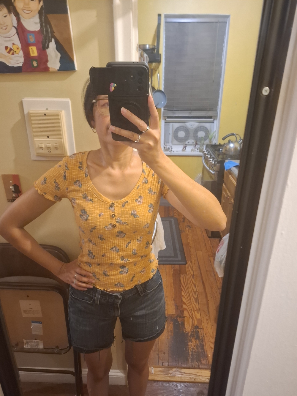 Yellow Floral Ribbed Scoop-Neck Women's Top